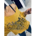 Pull fin oversize coeur moutarde
