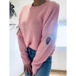 Pull rose manches coeur strass