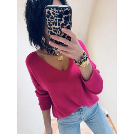 Pull col V basique fushia