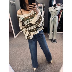 Top crochet beige kaki
