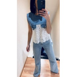 Top bi-matière jeans et dentelle blanc