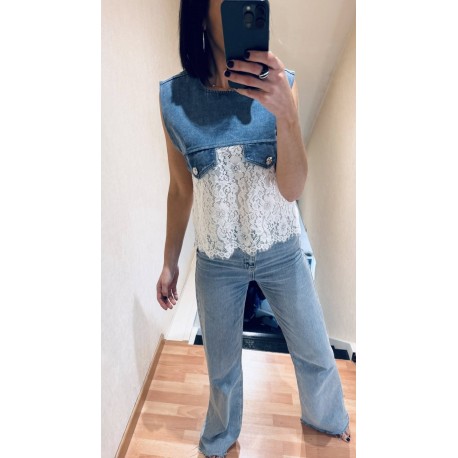 Top bi-matière jeans et dentelle blanc
