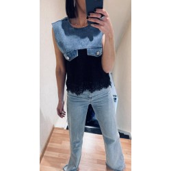 Top bi-matière jeans et dentelle noire