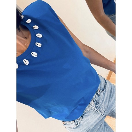 Top bleu coquillages