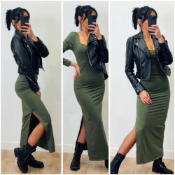 Robe longue fendue kaki
