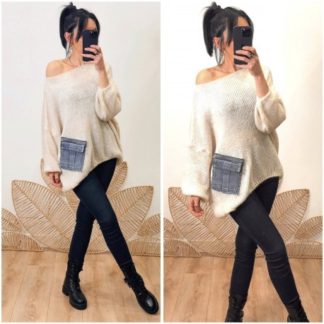 Pull beige poche en jeans