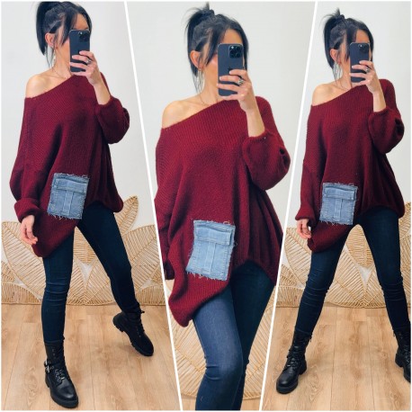 Pull bordeaux poche en jeans