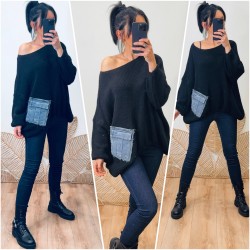 Pull noir poche en jeans