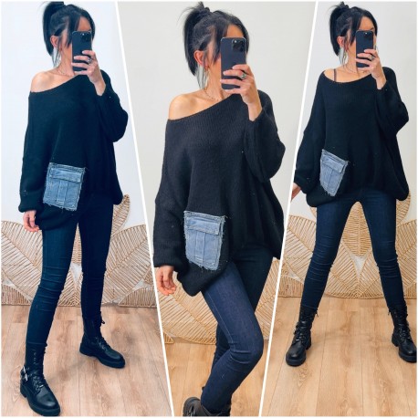 Pull noir poche en jeans