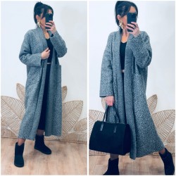 Veste longue bouclettes gris chiné