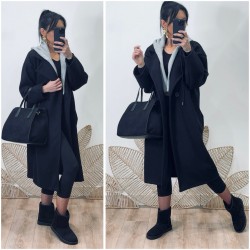 Manteau noir fausse capuche