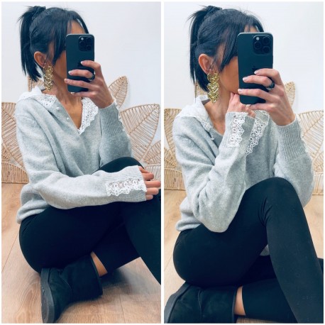 Pull à capuche dentelle gris