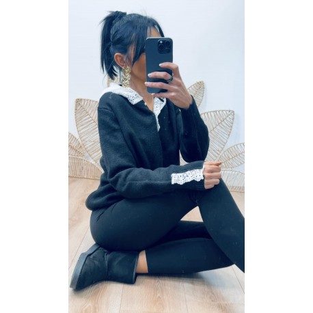 Pull à capuche dentelle noir