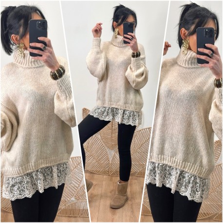 Pull tunique dentelle beige