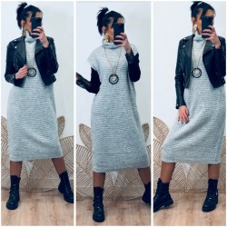 Robe pull longue grise sans manche