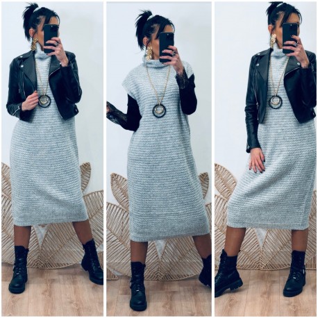 Robe pull longue grise sans manche