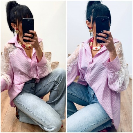 Chemise à rayures rose dentelle