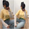 Pull jaune manches dentelle