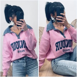 Pull bi-matière rose