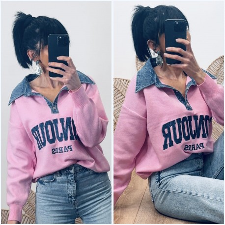 Pull bi-matière rose