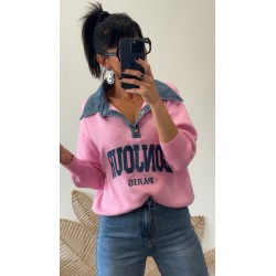 Pull bi-matière rose