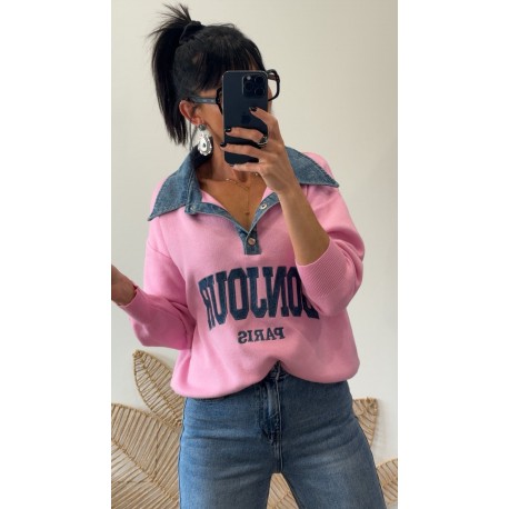 Pull bi-matière rose