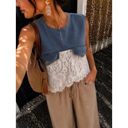Top bi-matière jeans et dentelle blanc