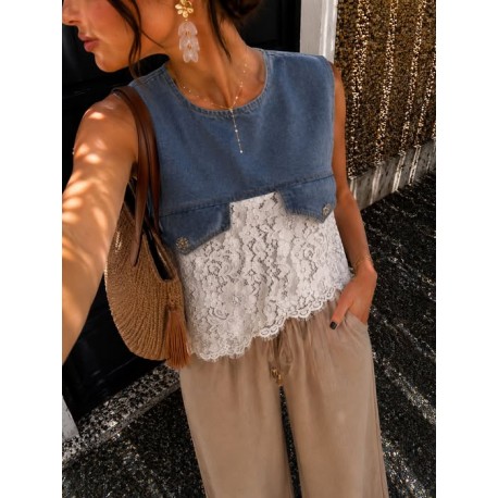 Top bi-matière jeans et dentelle blanc