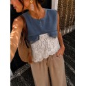 Top bi-matière jeans et dentelle blanc