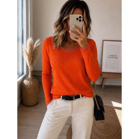 Haut cotelé dentelle orange