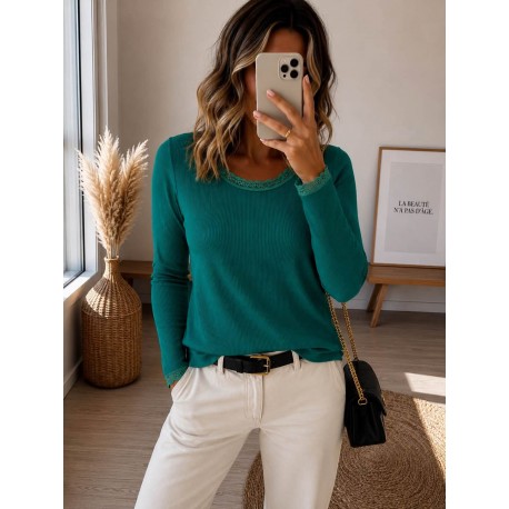 Haut cotelé dentelle vert