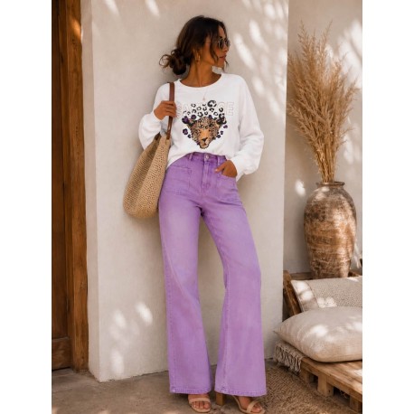 Jeans wide leg délavé parme