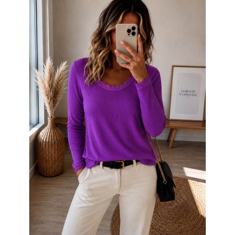 Haut cotelé dentelle violet