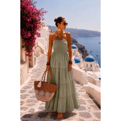 Robe longue kaki clair bustier smocke