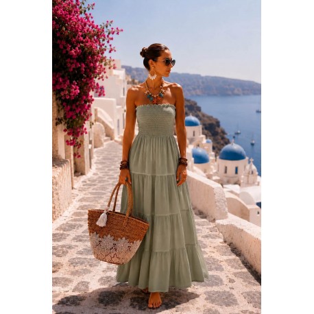 Robe longue kaki clair bustier smocke