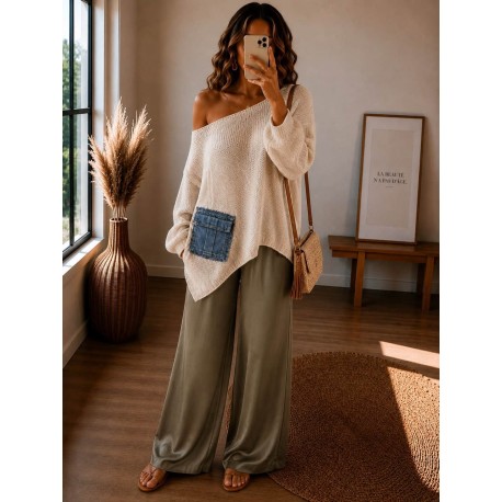 Pull bi-matière beige